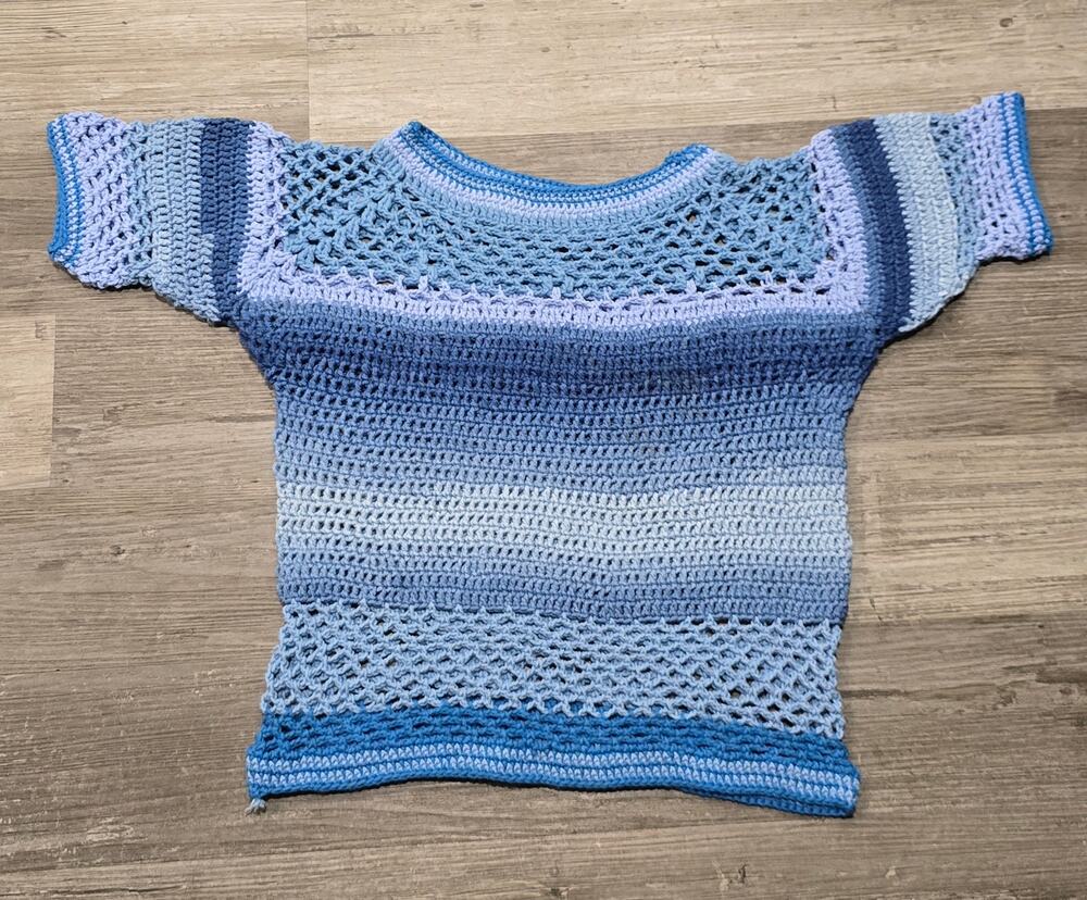 Handmade Crochet Blue Granny Square Knit Short Sleeve Shirt